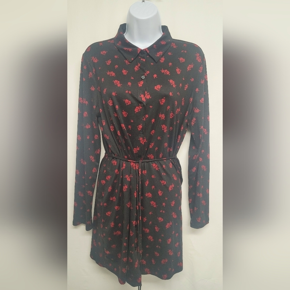 Forever 21 L Button Down Shirt Dress Tie Belted Soft Feel Long Sleeve Excellent